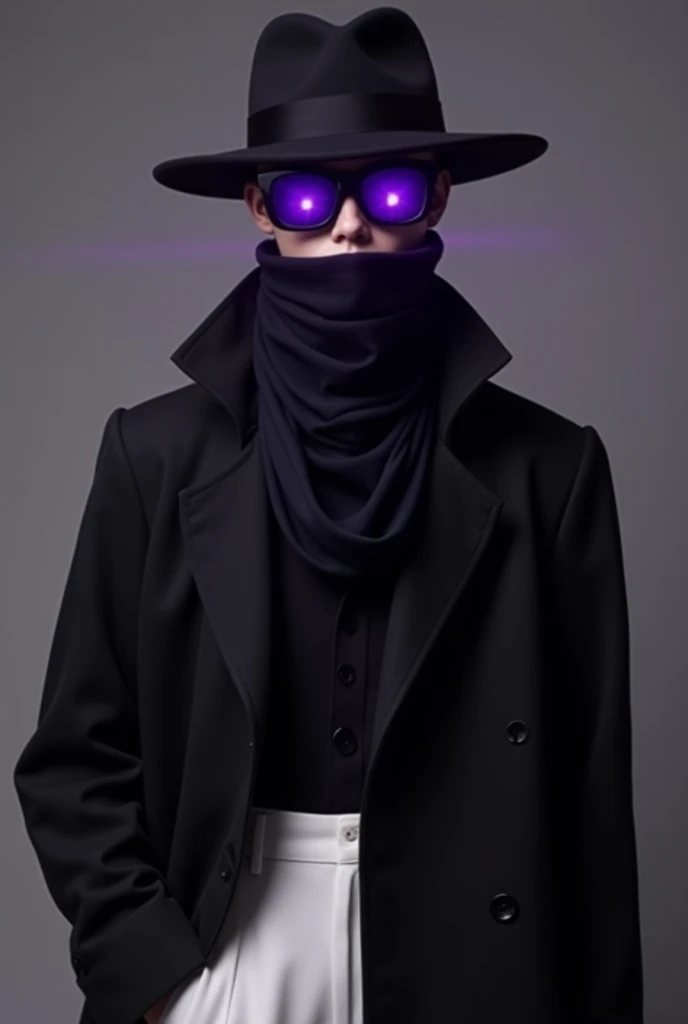 A human-like being ,  wearing a black gabardine coat ,  equally black large brimmed fedora hat,  white shirt pants,  black rimmed square lenses , black scarf that covers part of your face and a bright purple aura