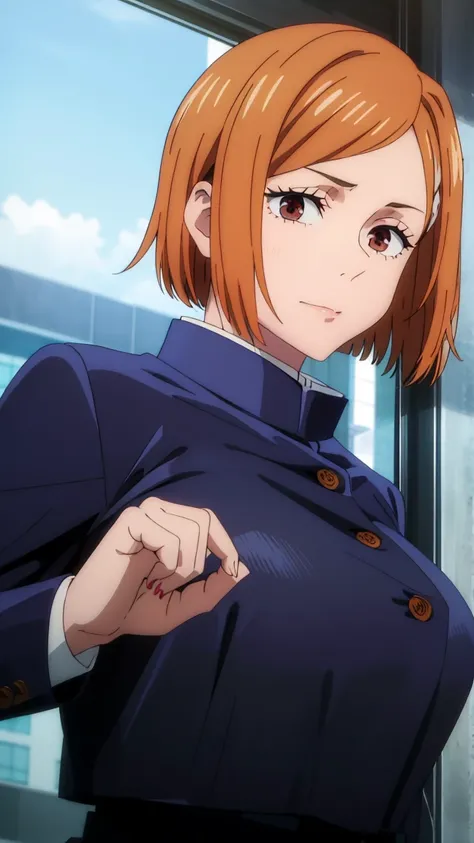 (masterpiece), (best quality), (ultra-detailed), (best illustration), (best shadow), (absurdres), nobarakugisakinova, short hair, orange hair, ((brown eyes)), kugisaki nobara, school uniform, 1girl, solo, jacket, bangs, gakuran, closed mouth, long sleeves,...