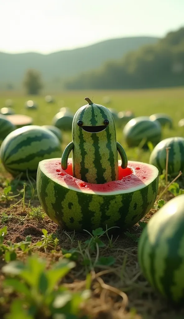 "A broken watermelon lying in a rural field full of watermelons, with a humanoid watermelon  emerging from the split watermelon. The humanoid  has a body made entirely of watermelon with detailed watermelon-like patterns, small yet exaggerated features, an...