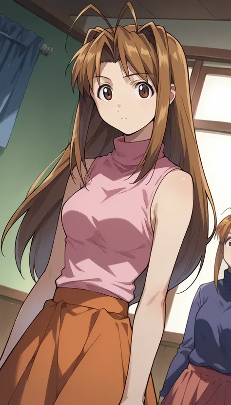 score_9, score_8_up, score_7_up, source_anime,
narunarusegawa, naru narusegawa, long hair, brown hair, antenna hair, brown eyes,
skirt, sleeveless, miniskirt, turtleneck, sleeveless turtleneck,
indoors,
looking at viewer, dutch angle, cowboy shot,