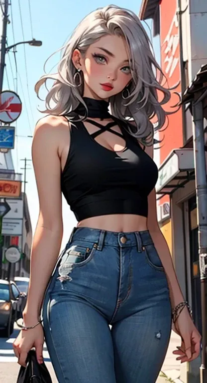 A beautiful woman with long, curly brown hair, bright green eyes, red lips with a silver petite septum pierced nosering. She was dressed in a black tank top and black high-waisted jeans and white feminine boots