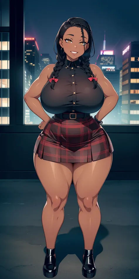 4K Quality, sexy smile, sexy pose, ((SFW)), black plaid skirt, (black braids), (dark skinned), thick thighs, big breasted, big ass, looking at viewer, braided hair, (amber eyes), night time, full body, city background, full lips,