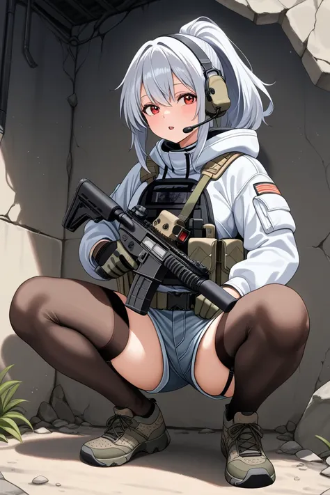 A tactical anime-style adult female soldier wearing tactical gear with a fleshy, glamorous figure。Silver hair is tied in a ponytail with a short navy band、 has red eyes 。 has a confident and seductive look 。 equip it with black tactical armor over a gray h...