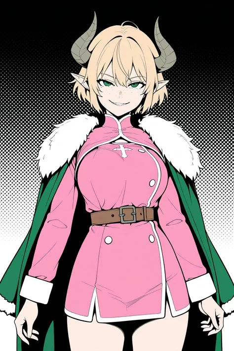 8k, thin, messy shaggy short blonde hair, short hair, pointy ears, short ram horns, half elf witch, pink outfit, pink medieval Viking outfit, wearing fur on shoulders, long sleeves, short dress, war maiden, freckles, medium teardrop breast, thin waist, sho...