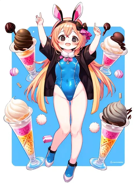 Young girl， chibi, chubby  ， obesity，Bunny ears， leotard，   full body shot   ，silk hat， ice cream， Chocolate Chips，smile，Full of happiness