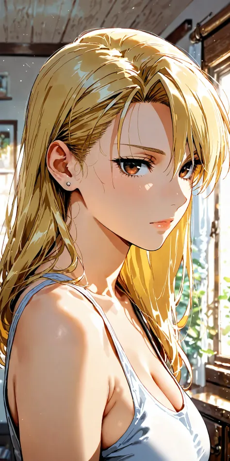 Masterpiece, mature woman, riza hawkeye, slim, upper body,tank top, ultra detailed, highres, absurdres, home, portrait, semi realistic