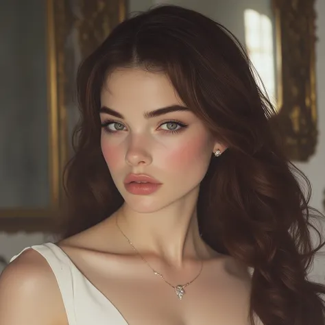 Hyperrealistic portrait of a beautiful smiling woman with straight brown hair and brown eyes wears white dress and diamond necklace, she is holding a small baby with pale skin. The gaze is fixed on the viewer. She has intense gray eyes and a tender look, a...