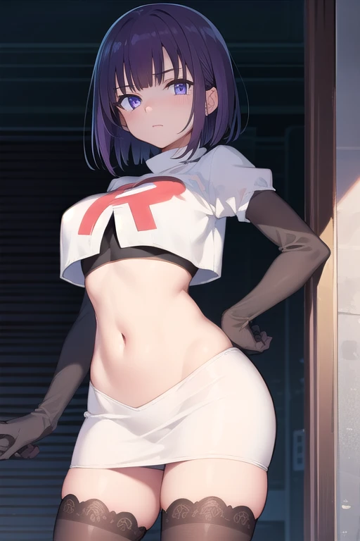 miyabisenpai, miyabi senpai, short hair, bangs, purple hair, (purple eyes:1.1),
BREAK team rocket,team rocket uniform,white skirt,red letter R,crop top,black thigh-highs,black elbow gloves,
BREAK looking at viewer, cowboy shot,
BREAK (masterpiece:1.2), bes...