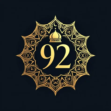 "An Islamic-themed logo for '92 Akbar Official' featuring intricate geometric patterns, Kufic or Thuluth Arabic calligraphy, and a golden dome with a crescent. The number '92' should be creatively integrated into the design, reflecting an elegant and spiri...