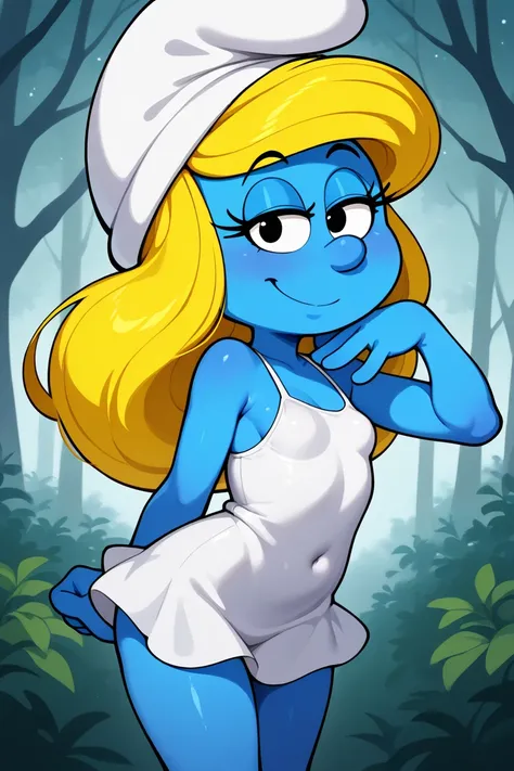 smurfette, moxette, brainy_smurf, white hat, blue skin, blonde, small breasts, looking at viewer, dynamic pose, cute, solo, forest background, sexy body, seductive face, smile, small girl, white dress, small Breasts, black eyes 