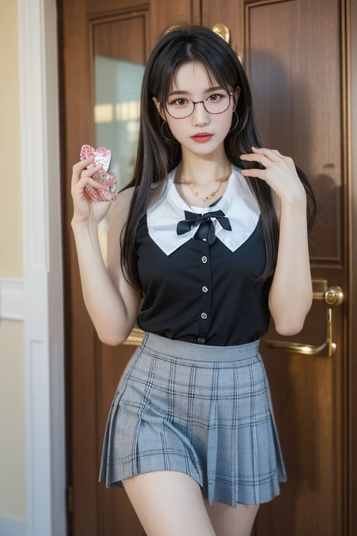 (( top quality)), ((傑 top quality、 Masterpiece、High sensitivity、 Hi-Res、 detailed depiction of up to the front door、 depicting a delicate face ))Slender Woman、Glasses、 high school uniform、 valentine's day、 large heart-shaped chocolates、I'm about to hand ov...