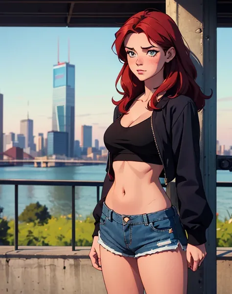 (masterpiece), best quality, , cleavage, shy, , blushing , black long hair, hd 4k, intricately detailed, breasts, looking at camera,a young woman is standing confidently against a backdrop of a city skyline. She has red hair and is wearing a white crop top...