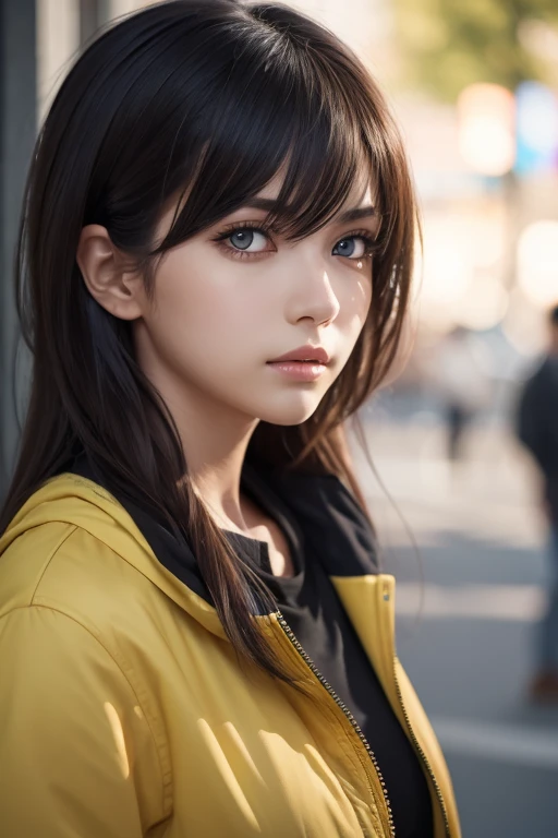  girl ,  YELLOW JACKET,  pocket , Gazing at Other People,  long dark hair,  heterochromic eye ,  heterochromic eye , Different Colored Eyes,  8k resolution,  very detailed,   anatomically correct,  digital paint,  concept art,  Shinkai Makoto Style ,  Clea...