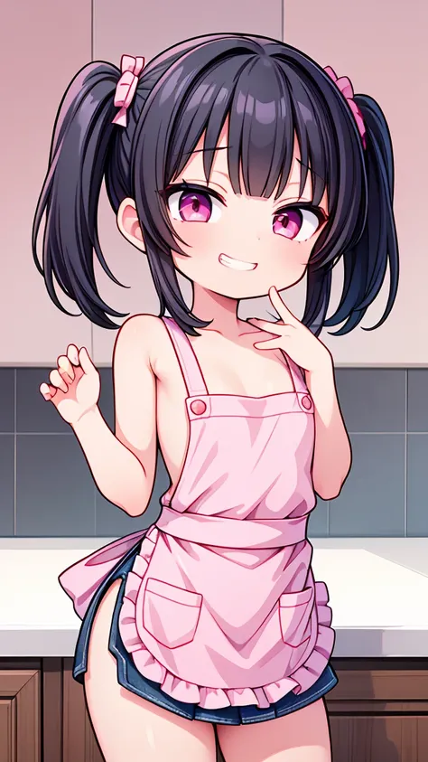 (8K, Highest image quality, highest quality, masterpiece), detailed face, ((one loli)), black hair, short twintails, pink eyes, evil smile, ((grin)), small breasts, naked apron, denim apron, cowboy shot, put your hand on your mouth, kitchen background