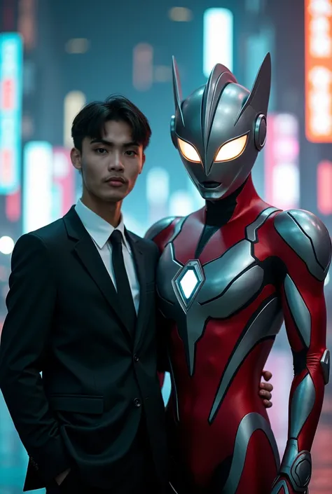 A hyper-realistic cinematic 8K image of a young man in a formal suit posing for a photo with Ultraman Tiga. The lighting is dramatic and well-balanced, capturing the details of both the man's suit and Ultraman Tiga's metallic armor. The background is a fut...