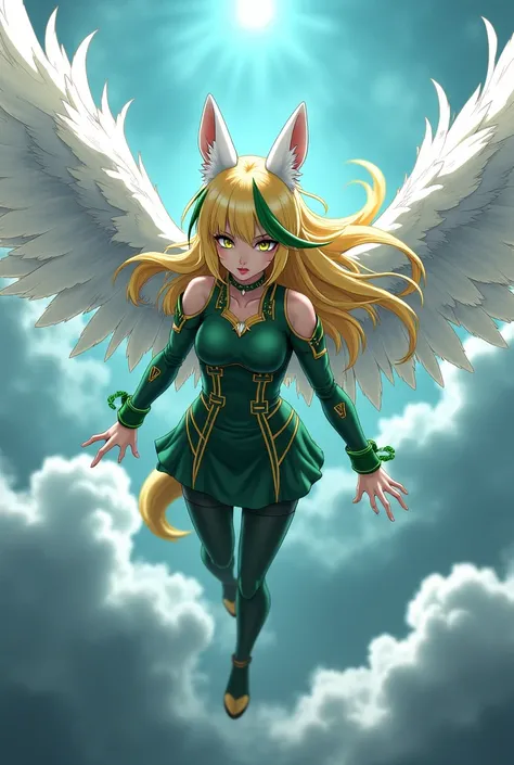 My hero Academia Girl with long blonde and green hair with white wolf ears with big white wings, Flying with one yellow eye and another green eye would be with wings around