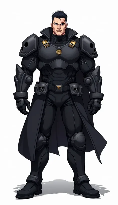 anime art,  full body,  white background,  from the front,  Very Muscular Man, 35-year-old looking, Two and a half meters,  with a sturdy body, with technological and advanced dark military armor, Armor like they scare them away from Halo, with medals on t...