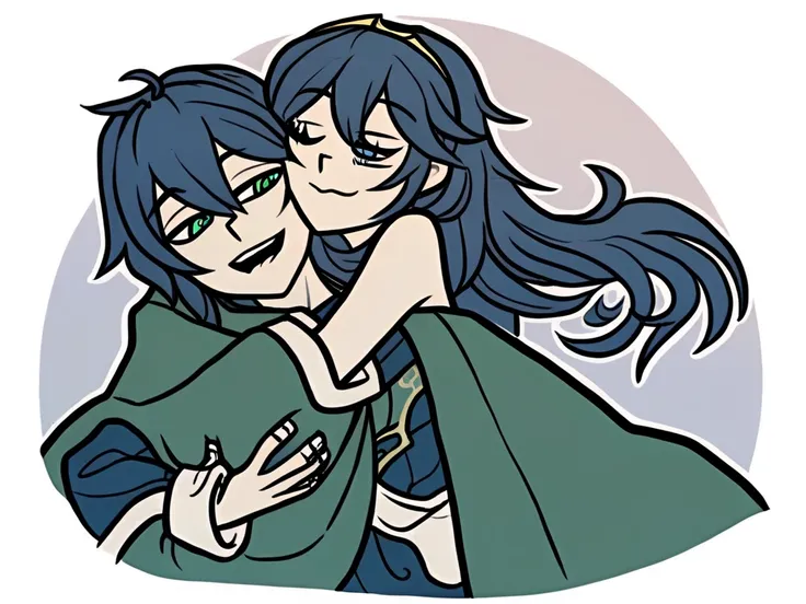 score_9, 1girl, 1male, lucina(fire_emblem), blue hair, blue eyes, blue clothes,long hair, cuddling with a white haired man with green clothes and green eyes, happy, content, cuddling, 