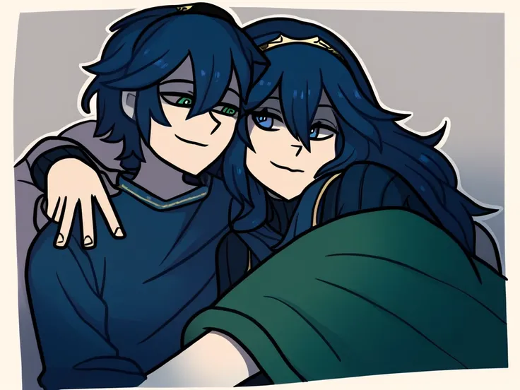 score_9, 1girl, 1male, lucina(fire_emblem), blue hair, blue eyes, blue clothes,long hair, cuddling with a white haired man with green clothes and green eyes, happy, content, cuddling, 