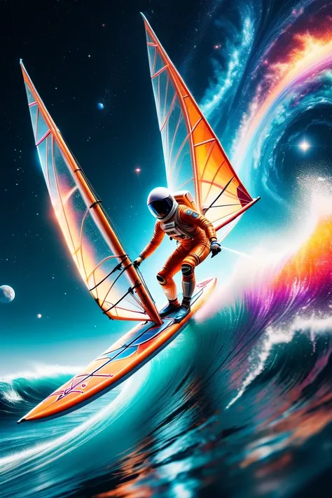 the photo is 35 mm, long exposure, detailed and vivid. The picture shows a space windsurfing. The astronaut is trying to stay on the galactic wave. Bright background. Rich, vibrant colors and precise lighting, the highest 8k resolution with crisp, intricat...