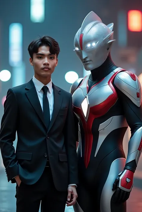 A hyper-realistic cinematic 8K image of a young man in a formal suit posing for a photo with Ultraman Tiga. The lighting is dramatic and well-balanced, capturing the details of both the man's suit and Ultraman Tiga's metallic armor. The background is a fut...