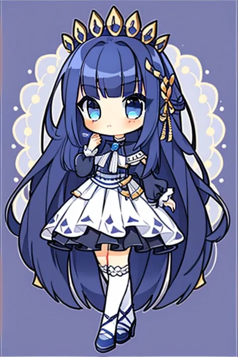 white and blue theme,  ultra detailed, masterpiece, best quality,, solo, nonchalant, elegant vibe,  
1girl, golden eyes, very long hair, dark blue hair, long dark blue hair, princess, intimidating, Chibi:1.5、top-quality、beautifullydetailedbackground、1girl ...