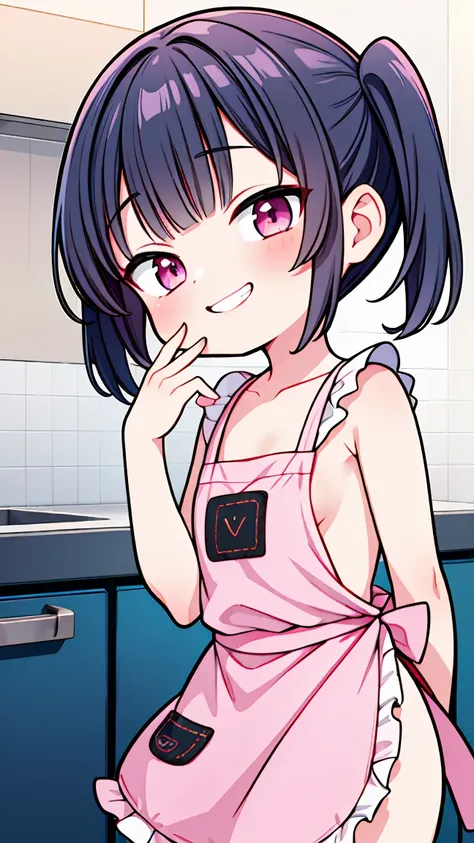 (8K, Highest image quality, highest quality, masterpiece), detailed face, ((one loli)), black hair, short twintails, pink eyes, evil smile, ((grin)), small breasts, naked apron, denim apron, cowboy shot, put your hand on your mouth, kitchen background, cho...