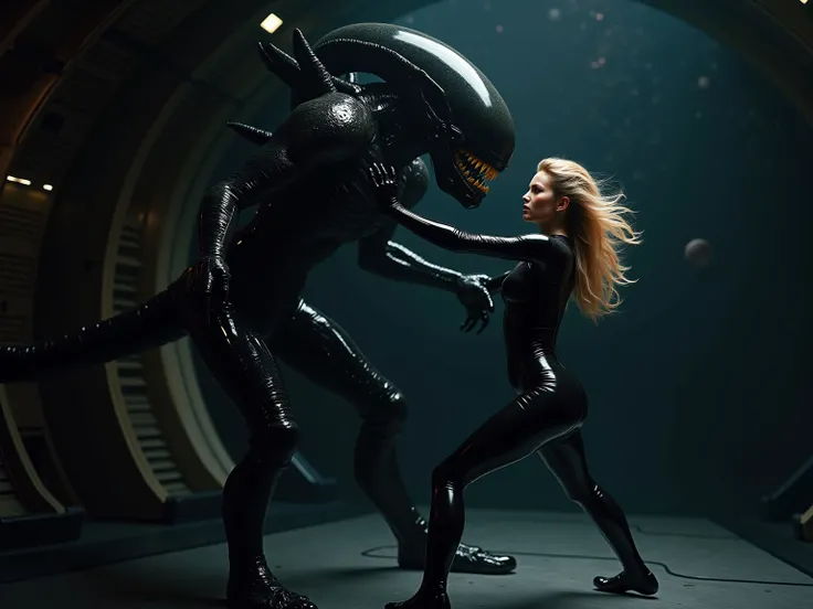 slender attractive 17-year-old blonde russian female  wearing skin-tight    black         latex catsuit,  body hugging second skin, with black boots, covered head to toe in glistening oil.   She is on board a spaceship                        Battling a spa...