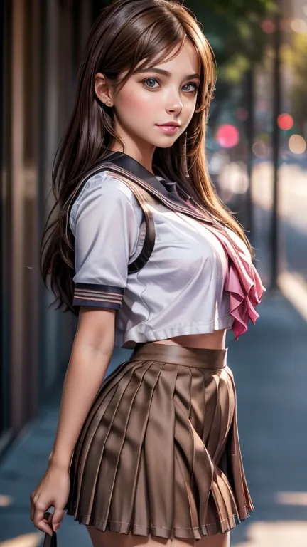 (2girls), Brown hair, Amazing face and eyes, Pink eyes, (hi-school uniform with wide open breasts:1.2), beautiful big breasts, bare breasts, (amazingly beautiful girl), Brown hair, (High School Uniform, Pleated mini-skirt:1.5), ((Best Quality)), (Ultra-det...