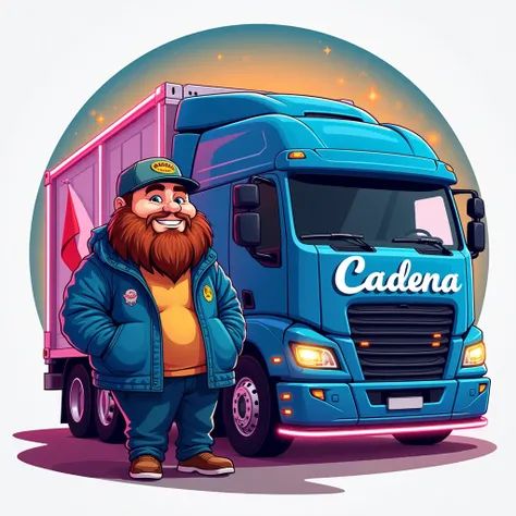 A logo that features a half-fat anime trucker with a blue coat and beard sitting next to a blue truck container with neon edges under the truck with the name Cadena on the front and beautiful sparkles and the Mexican flag in the background. 