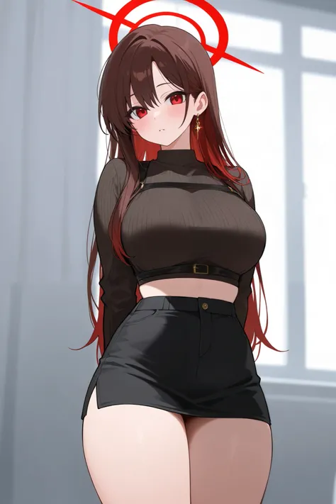 1 girl, Hair length reaches the back, Brown hair and red hair on the edges of the hair, red eyes, but not bright, curvy body, wear a sexy work outfit, หน้าอกไซส์ปานกลาง, have a gold earring, have a red halo