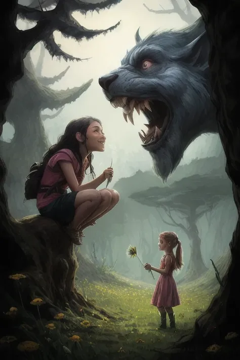 A gigantic troll offers a wildflower to a young girl lost in the forest. 