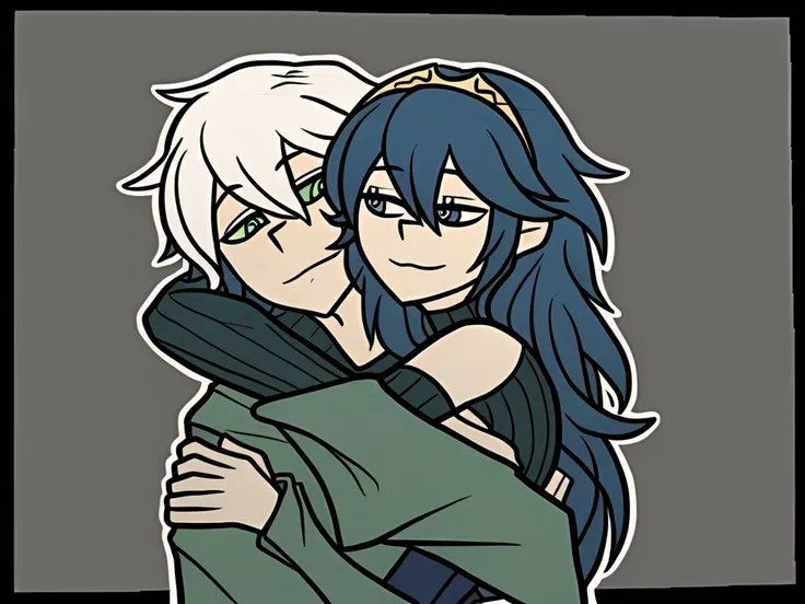 score_9, 1girl, 1male, lucina(fire_emblem), white hair, green eyes, green clothes, clothes,long hair, cuddling with a blue haired man with blue clothes blue eyes, happy, content, cuddling, 