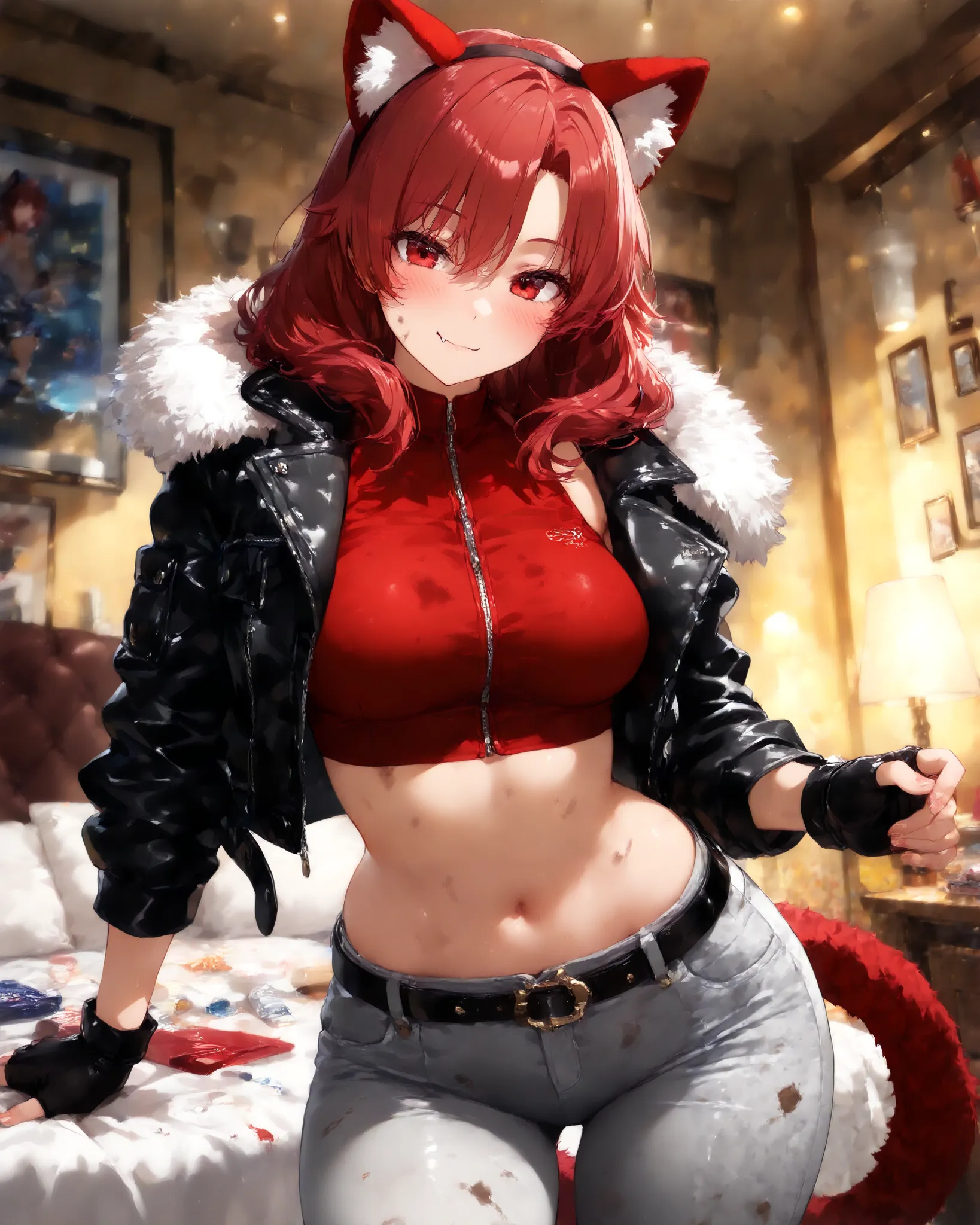 cowboy shot, [furry girl:0.5], Forward bending, A mischievel smile, fake animal ears, ear fluffy, fake animal red tail, ruby red eyes, ruby red hair, medium hair, shaggy hair, fang, very cute face, cute cat girl, solo, medium breasts, fur trim black midrif...