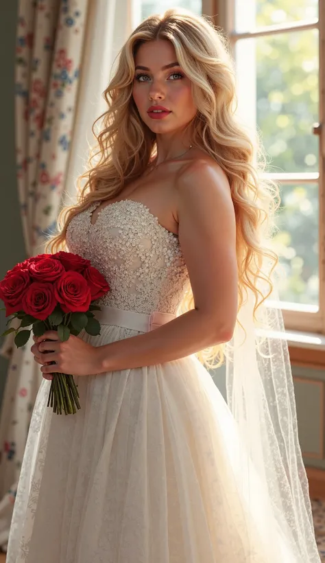  The most beautiful woman in the world, long and soft hair and blonds,  blue eyes, plump lips,  curvy body,  voluptuous,  medium breasts seductive brunette,  wearing a gorgeous wedding dress,  romantic,  elegant and sensual,  holding a bouquet of red roses...