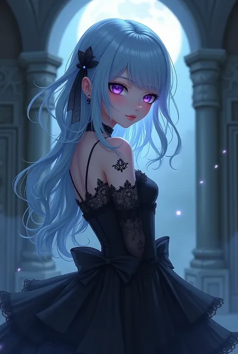 Long haired anime character with light blue fringe, purple eyes and goth clothing 