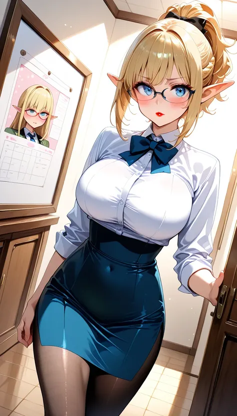 (( Masterpiece)),  top quality,  SUPER DETAILS,  Hi-Res,  extremely detailed CG integrated 8K wallpaper, ( dynamic angle), (((wear glasses))), ( a small female teacher elf with big breasts), blonde green, wavy ponytail ,  beautiful face in high definition,...