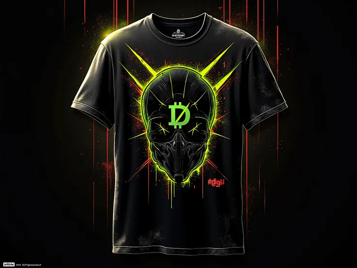 A sport black tshirt  with a small digital logo of Digicoin on it  similar like bitcoin , green 'D' in the middle  , acid style  , drugs colours , high quality detalis , dark mode , high quality , yellow colours , add some aesthetic digicoin gang face with...