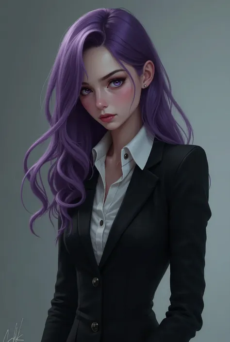 A girl with beautiful long purple hair and beautiful purple eyes. She wears a black suit. She is a paid killer but has a beautiful and charming appearance 