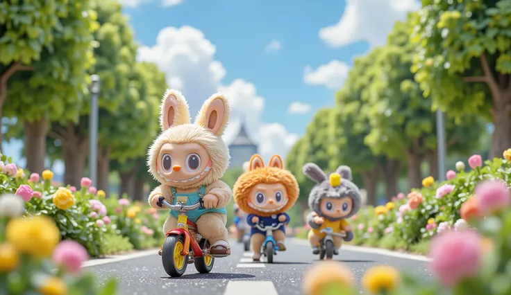 "A cute furry creature named Labubu, small with big round eyes and sharp teeth, joyfully riding a colorful bicycle alongside his friends. They are a group of small, fluffy creatures, each with unique colors and expressions, cycling together on a sunny day....