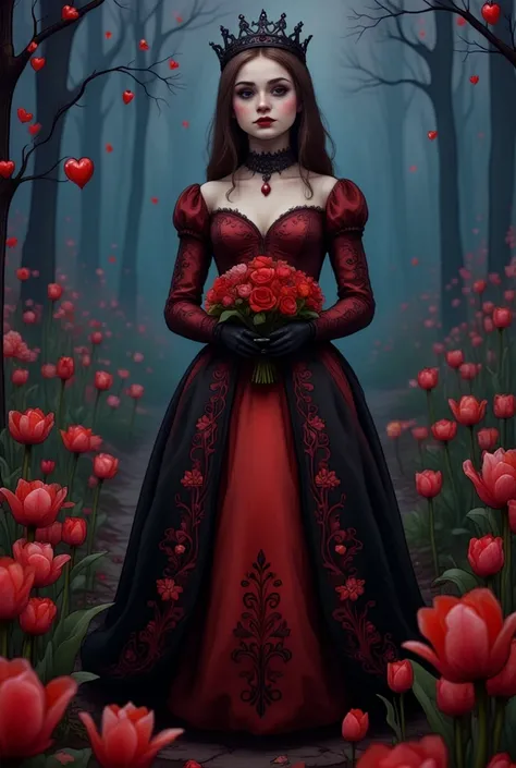 a female character. Here she is decorated with hearts, red and pink flowers, black bat flowers and dark tulips to add a touch of romance. Gothic gnosticism in your dress, otherwise very red with a chocolate tint. The Gothic style is combined with her class...