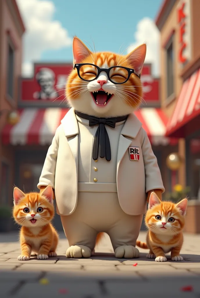 Red brown white cat dressed as Colonel Sanders。smile。 in front of a Kentucky Fried Chicken store、The kittens are playfully playing。A town lined with fast food restaurants。