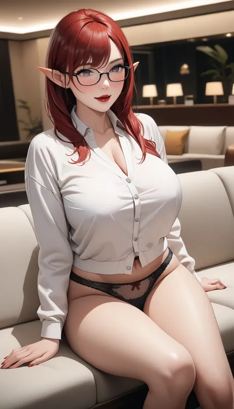 (( Masterpiece)),  top quality,  SUPER DETAILS,  Hi-Res,  extremely detailed CG integrated 8K wallpaper, ( perfect anatomy, anatomically accurate), ((local blur mosaic:1.3), (((wear glasses))) ,Sitting on a sofa in the lobby of a luxury hotel,( beautiful l...