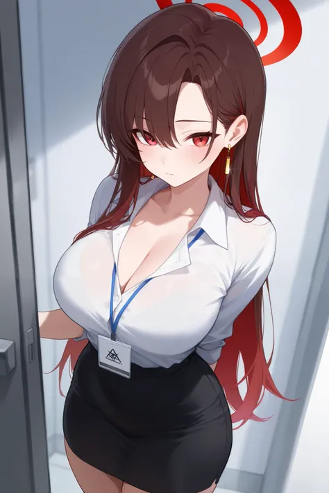 1 girl, Hair length reaches the back, Brown hair and red hair on the edges of the hair, red eyes, but not bright, curvy body, wear a sexy work outfit, หน้าอกไซส์ปานกลาง, have a gold earring, have a red halo