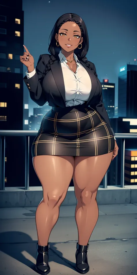 4K Quality, ((SFW)), sexy smile, sexy pose, black plaid skirt, (black braids), (dark skinned), thick thighs, big breasted, big ass, looking at viewer, braided hair, (amber eyes), night time, full body, city background, full lips,