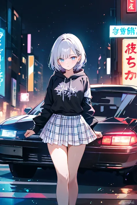  Masterpiece, high score,   great score,   is ridiculous, watercolor \( medium\),
 1 girl completely naked,get rid of it, Vspo！, Alone,
New  , Bob, Silver short hair,  blue eyes, çµç¹ ,
,  are standing, Next to the black car, handgun,  黒い猫耳 hoodie ,   hood...