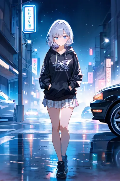  Masterpiece, high score,   great score,   is ridiculous, watercolor \( medium\),
 1 girl completely naked,get rid of it, Vspo！, Alone,
New  , Bob, Silver short hair,  blue eyes, çµç¹ ,
,  are standing, Next to the black car, handgun,  黒い猫耳 hoodie ,   hood...