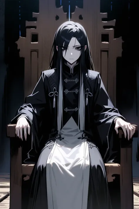 man, high, delgado, androgynous, pale,  Long face,  beautiful,  black eyes,  long hair half black and half white,  sinister look,  boring look, Wear black robes Chinas Nobles, sitting on a wooden throne, sinister aura.