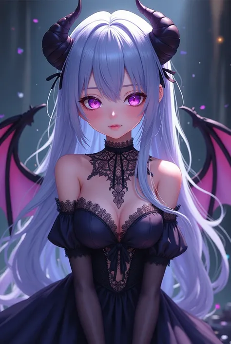 Anime character hair between light blue and pastel purple with fringe , purple eyes succubus wings. And Goth Lolita clothing