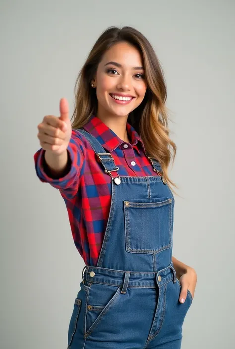 Smiling woman in red and blue checkered shirt, wearing overalls pointing to the right with his hand